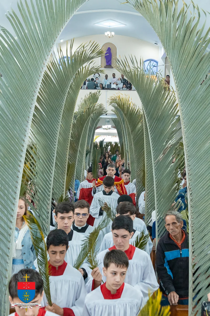 Procissão do Domingo de Ramos com palmas formando arcos pela nave